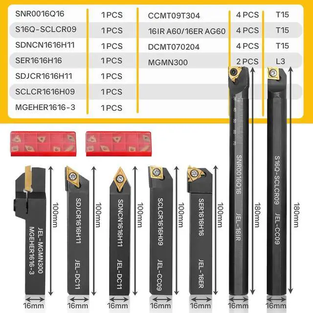 Alt view image 2 of 7 - Lathe Turning Tool 21Pcs Kit 5/8'' 16mm Shank 7 Pcs Metal Lathe Tool Holder Set with 14 Pcs Turning Inserts for Turning Grooving Threading Boring Carbide Inserts Carbide Turning Tool