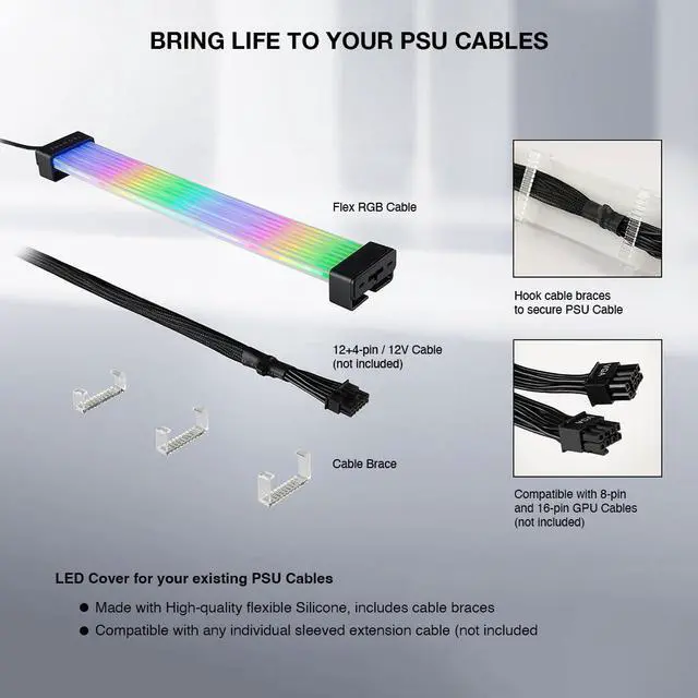 Alt view image 5 of 7 - Flex RGB PSU Extension Cable Cover Kit, Light Up LED Strip Set for GPU and Motherboard PC Cables, 5V 3 Pin ARGB Sync, Compatible with 8-Pin, 16-Pin, 24-Pin, Black