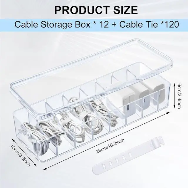 Alt view image 2 of 6 - 12 Pcs Cable Organizer with 120 Wire Ties, Clear Plastic Cord Storage Box with Lid, Electronics Charger Organizer for Home Office Desk Organizers and Accessories