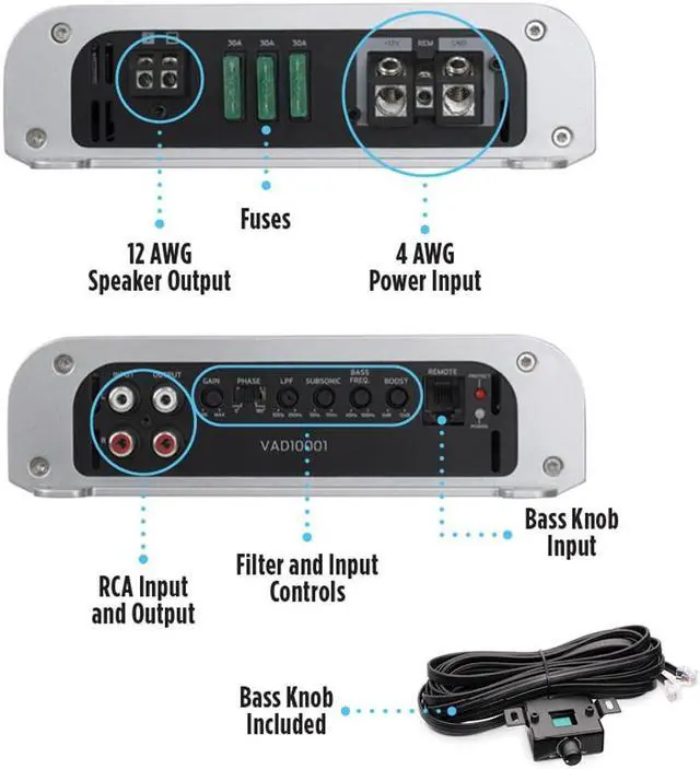 Alt view image 2 of 7 - VAD10001 Monoblock 1-Ch Class D Amplifier 2000W Max, 1000W RMS High Power, 1/2/4-ohm Stable, Low Pass X-Over, Bass Boost, Remote Subwoofer Bass Knob, for Car/Truck/Marine/UTV/Motorcycle