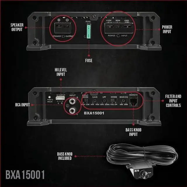 Alt view image 2 of 7 - BXA15001 1500W Peak BX-Series 2-Ohm Stable Class-A/B Monoblock Car Audio MOSFET Amplifier with Remote Subwoofer Level Control