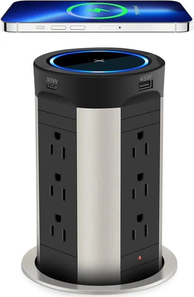 Main image of Pop Up Receptacle Countertop Outlet,75W Power Delivery,Total 90W Pop Up Outlet with 15W Wireless Charger,12 Outlets,4 USB,1200J Black