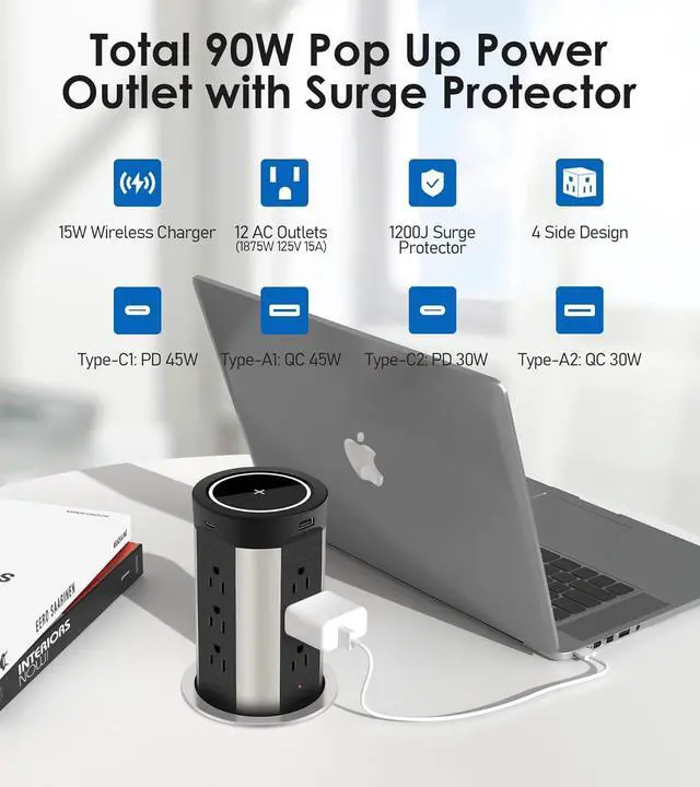 Alt view image 2 of 7 - Pop Up Receptacle Countertop Outlet,75W Power Delivery,Total 90W Pop Up Outlet with 15W Wireless Charger,12 Outlets,4 USB,1200J Black