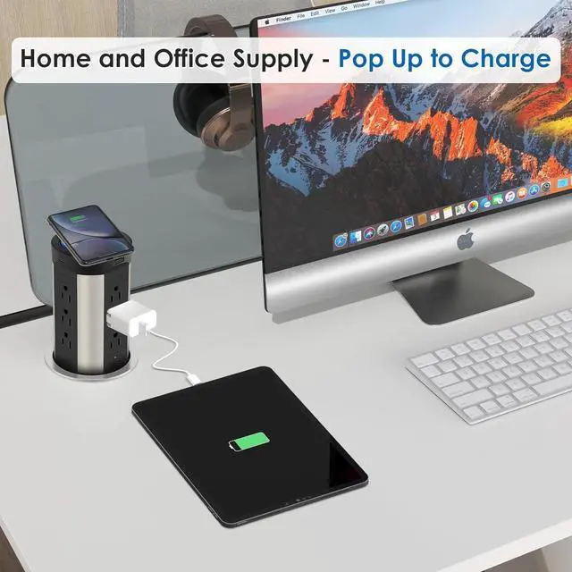 Alt view image 3 of 7 - Pop Up Receptacle Countertop Outlet,75W Power Delivery,Total 90W Pop Up Outlet with 15W Wireless Charger,12 Outlets,4 USB,1200J Black