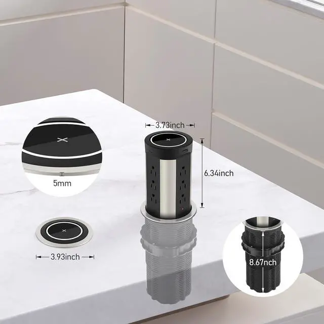 Alt view image 6 of 7 - Pop Up Receptacle Countertop Outlet,75W Power Delivery,Total 90W Pop Up Outlet with 15W Wireless Charger,12 Outlets,4 USB,1200J Black