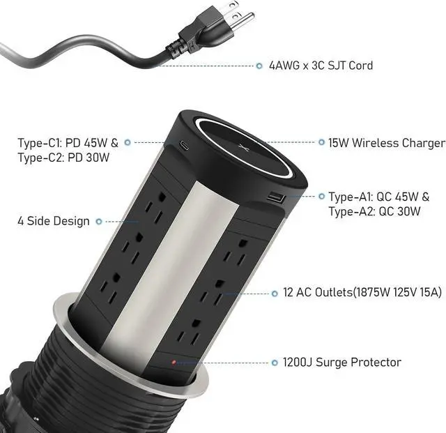 Alt view image 7 of 7 - Pop Up Receptacle Countertop Outlet,75W Power Delivery,Total 90W Pop Up Outlet with 15W Wireless Charger,12 Outlets,4 USB,1200J Black