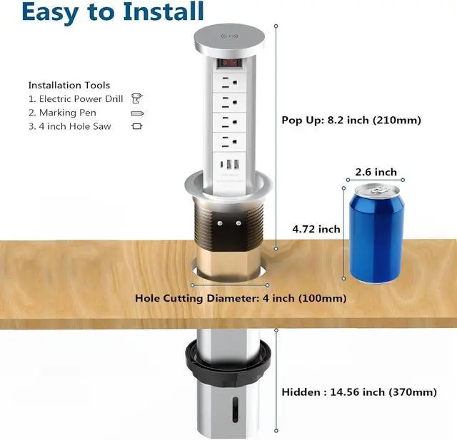 Alt view image 3 of 7 - Pop Up Outlet for Countertop, Receptacle Power Strip with USB C & 4 AC Outlet, Pull Popup Outlet Recessed Power Socket with 10W Wireless Charger for Kitchen Conference Office