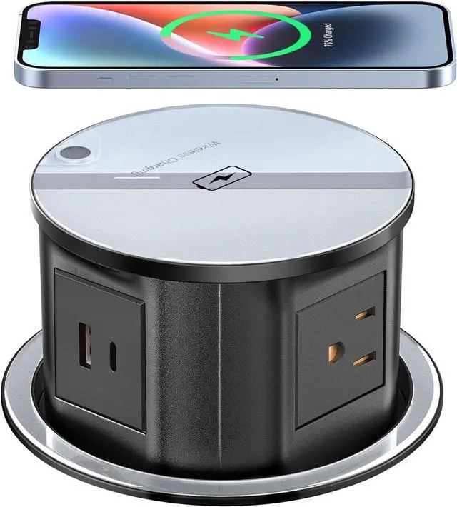 Main image of Pop Up Outlet Electrical Power Socket for Kitchen Countertop, Retractable Recessed Power Strip 4.7inch Hidden Outlet with 15W Wireless Charger 4 AC Plug 1 USB-A and 1 USB-C Port (Black)