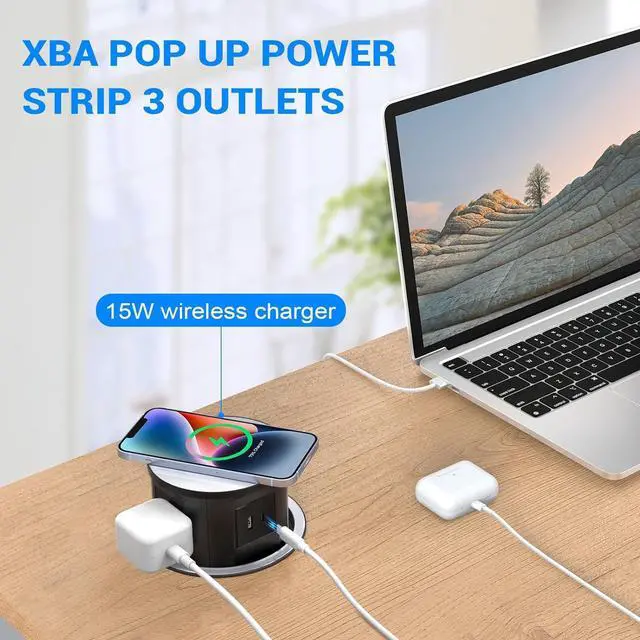 Alt view image 2 of 7 - Pop Up Outlet Electrical Power Socket for Kitchen Countertop, Retractable Recessed Power Strip 4.7inch Hidden Outlet with 15W Wireless Charger 4 AC Plug 1 USB-A and 1 USB-C Port (Black)