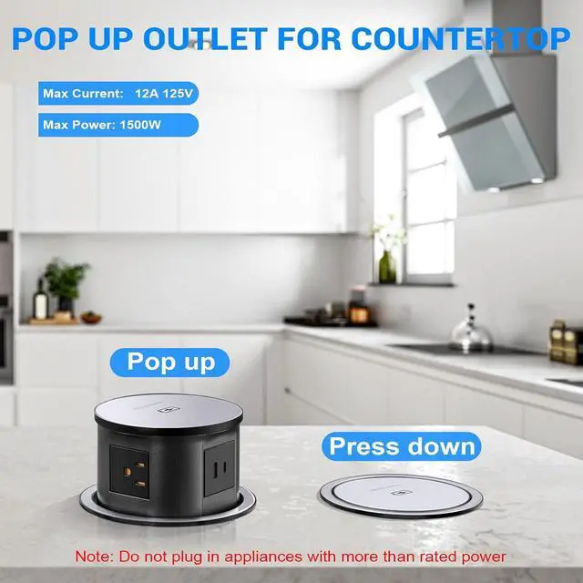 Alt view image 4 of 7 - Pop Up Outlet Electrical Power Socket for Kitchen Countertop, Retractable Recessed Power Strip 4.7inch Hidden Outlet with 15W Wireless Charger 4 AC Plug 1 USB-A and 1 USB-C Port (Black)