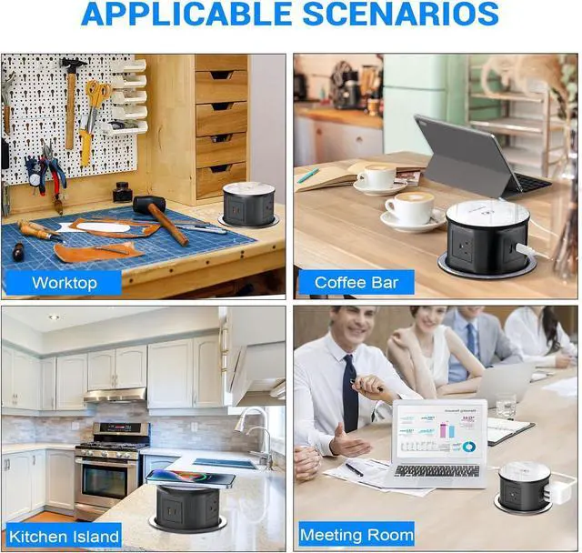 Alt view image 6 of 7 - Pop Up Outlet Electrical Power Socket for Kitchen Countertop, Retractable Recessed Power Strip 4.7inch Hidden Outlet with 15W Wireless Charger 4 AC Plug 1 USB-A and 1 USB-C Port (Black)