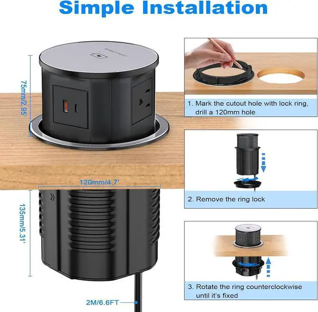 Alt view image 7 of 7 - Pop Up Outlet Electrical Power Socket for Kitchen Countertop, Retractable Recessed Power Strip 4.7inch Hidden Outlet with 15W Wireless Charger 4 AC Plug 1 USB-A and 1 USB-C Port (Black)