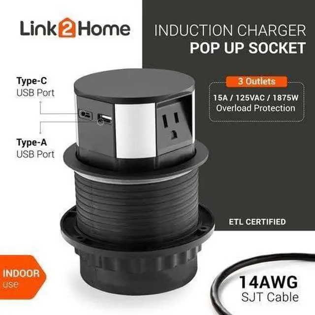 Alt view image 2 of 7 - Wireless Charging Pop Up Outlet 10W Fast Induction Charger with Type-C USB, 3 Power Outlets 15A, 2 USB Ports 3.0A, Splash Resistant, Matt Black Finish, for Kitchen Counter Island, Office