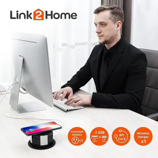 Alt view image 4 of 7 - Wireless Charging Pop Up Outlet 10W Fast Induction Charger with Type-C USB, 3 Power Outlets 15A, 2 USB Ports 3.0A, Splash Resistant, Matt Black Finish, for Kitchen Counter Island, Office