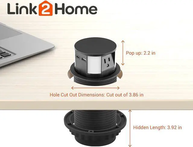 Alt view image 6 of 7 - Wireless Charging Pop Up Outlet 10W Fast Induction Charger with Type-C USB, 3 Power Outlets 15A, 2 USB Ports 3.0A, Splash Resistant, Matt Black Finish, for Kitchen Counter Island, Office