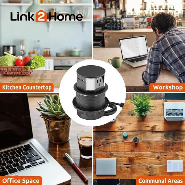 Alt view image 7 of 7 - Wireless Charging Pop Up Outlet 10W Fast Induction Charger with Type-C USB, 3 Power Outlets 15A, 2 USB Ports 3.0A, Splash Resistant, Matt Black Finish, for Kitchen Counter Island, Office