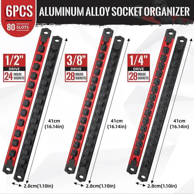 Alt view image 2 of 7 - Magnetic Socket Organizer, 6-Piece Heavty Duty Aluminum Socket Holder, Socket Rail for Tool Box, Premium Quality 360° Swivel Socket Rack Kit with 80 Clips for 1/2, 3/8, 1/4-Inch(Red&Black)