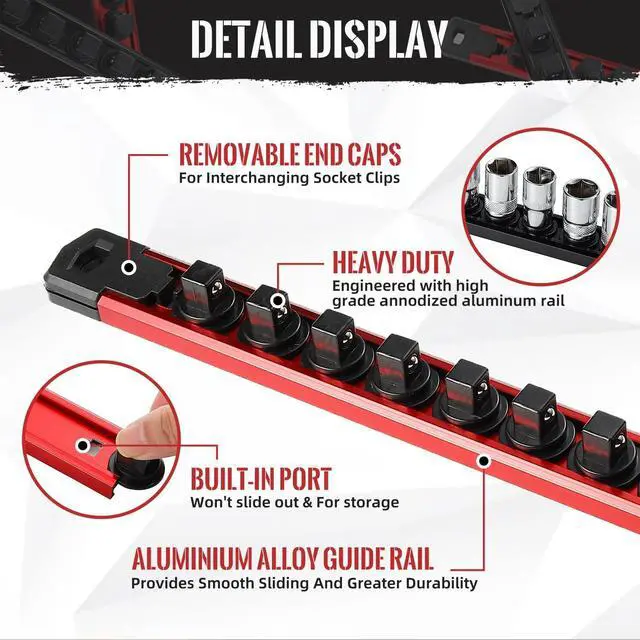 Alt view image 3 of 7 - Magnetic Socket Organizer, 6-Piece Heavty Duty Aluminum Socket Holder, Socket Rail for Tool Box, Premium Quality 360° Swivel Socket Rack Kit with 80 Clips for 1/2, 3/8, 1/4-Inch(Red&Black)