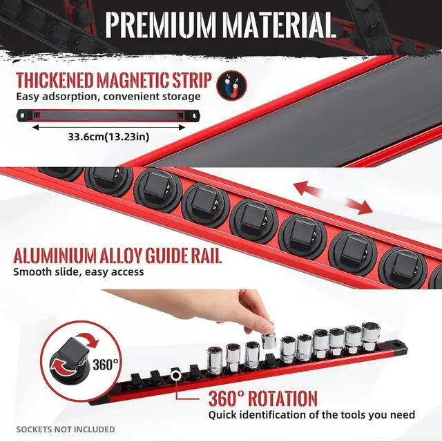 Alt view image 5 of 7 - Magnetic Socket Organizer, 6-Piece Heavty Duty Aluminum Socket Holder, Socket Rail for Tool Box, Premium Quality 360° Swivel Socket Rack Kit with 80 Clips for 1/2, 3/8, 1/4-Inch(Red&Black)