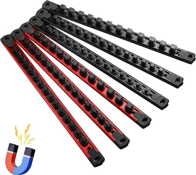 Main image of Magnetic Socket Organizer, 6-Piece Heavty Duty Aluminum Socket Holder, Socket Rail for Tool Box, Premium Quality 360° Swivel Socket Rack Kit with 80 Clips for 1/2, 3/8, 1/4-Inch(Red&Black)