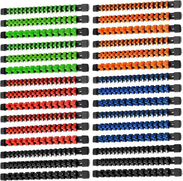 Main image of 30 PC ABS Socket Organizer, 1/2 inch, 3/8 inch and 1/4 inch Drive Socket Rail Holders, Heavy Duty Socket Racks, Black Rails with 5 Color Clips