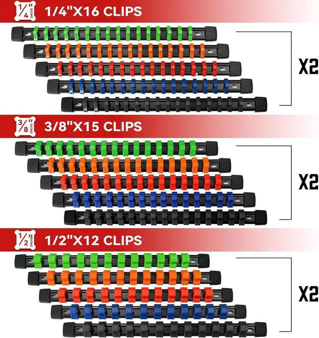 Alt view image 2 of 7 - 30 PC ABS Socket Organizer, 1/2 inch, 3/8 inch and 1/4 inch Drive Socket Rail Holders, Heavy Duty Socket Racks, Black Rails with 5 Color Clips