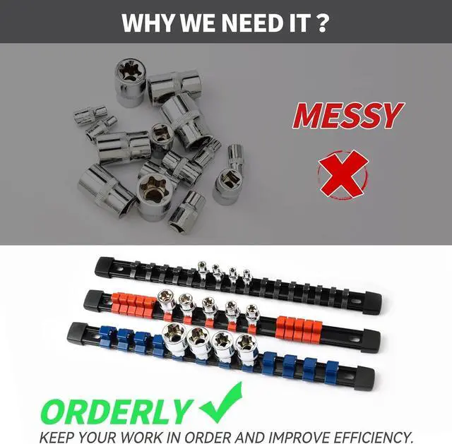 Alt view image 4 of 7 - 30 PC ABS Socket Organizer, 1/2 inch, 3/8 inch and 1/4 inch Drive Socket Rail Holders, Heavy Duty Socket Racks, Black Rails with 5 Color Clips