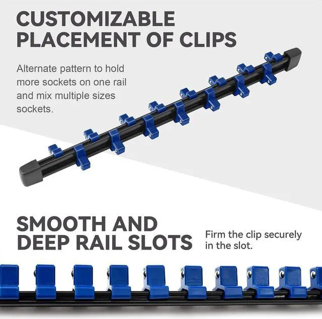 Alt view image 7 of 7 - 30 PC ABS Socket Organizer, 1/2 inch, 3/8 inch and 1/4 inch Drive Socket Rail Holders, Heavy Duty Socket Racks, Black Rails with 5 Color Clips