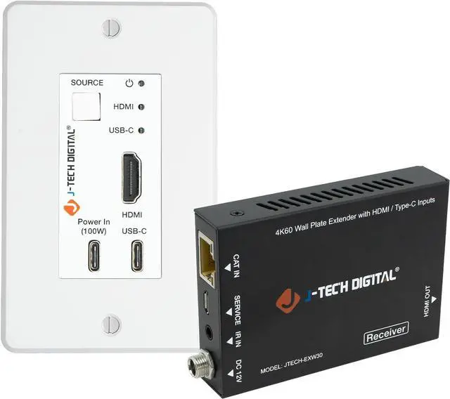 Main image of Digital 4K HDMI & USB C Extender Over Single Cat5 5e 6 7 Cable, Up to 164ft Wall Plate Over Ethernet HDR Dolby Vision USB-C Charging Port, PoC, IR, Auto-Switch [JTECH-EXW30]