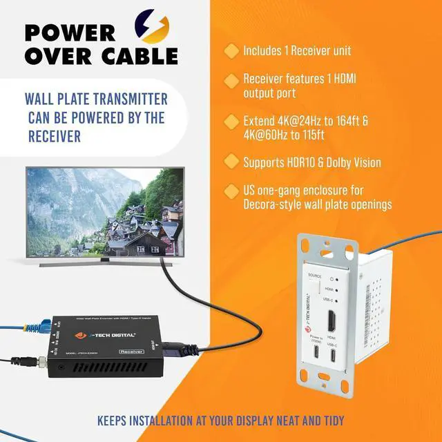 Alt view image 3 of 7 - Digital 4K HDMI & USB C Extender Over Single Cat5 5e 6 7 Cable, Up to 164ft Wall Plate Over Ethernet HDR Dolby Vision USB-C Charging Port, PoC, IR, Auto-Switch [JTECH-EXW30]