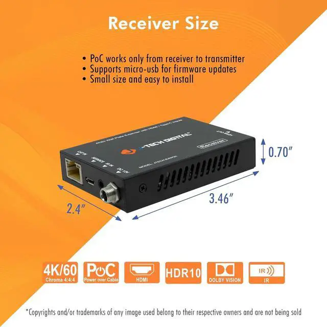 Alt view image 7 of 7 - Digital 4K HDMI & USB C Extender Over Single Cat5 5e 6 7 Cable, Up to 164ft Wall Plate Over Ethernet HDR Dolby Vision USB-C Charging Port, PoC, IR, Auto-Switch [JTECH-EXW30]