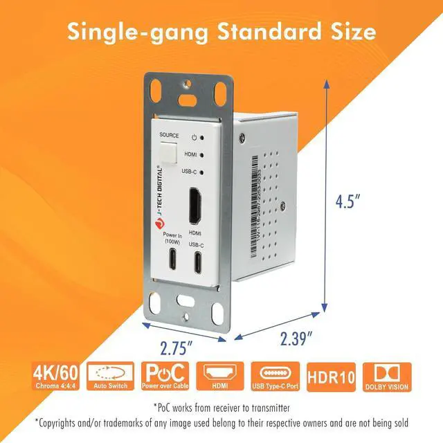 Alt view image 6 of 7 - Digital 4K HDMI & USB C Extender Over Single Cat5 5e 6 7 Cable, Up to 164ft Wall Plate Over Ethernet HDR Dolby Vision USB-C Charging Port, PoC, IR, Auto-Switch [JTECH-EXW30]