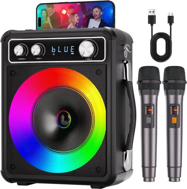 Main image of Portable Bluetooth Karaoke Speaker with 2 Wireless Microphones, PA System for Adults Kids with LED Lights, Supports REC/FM/AUX/USB/TF for Home Party