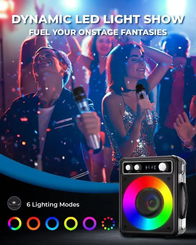 Alt view image 3 of 7 - Portable Bluetooth Karaoke Speaker with 2 Wireless Microphones, PA System for Adults Kids with LED Lights, Supports REC/FM/AUX/USB/TF for Home Party