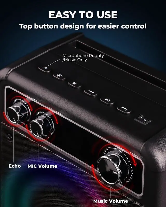 Alt view image 5 of 7 - Portable Bluetooth Karaoke Speaker with 2 Wireless Microphones, PA System for Adults Kids with LED Lights, Supports REC/FM/AUX/USB/TF for Home Party