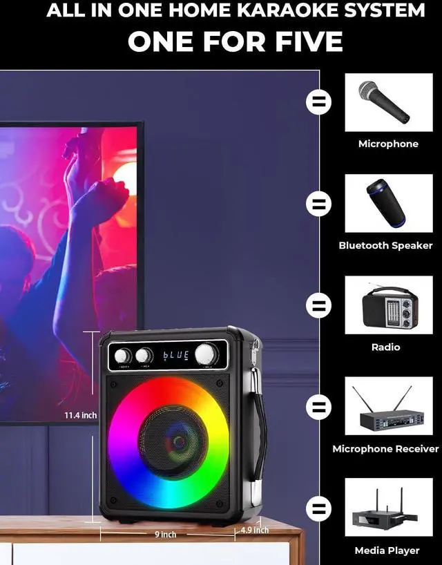 Alt view image 6 of 7 - Portable Bluetooth Karaoke Speaker with 2 Wireless Microphones, PA System for Adults Kids with LED Lights, Supports REC/FM/AUX/USB/TF for Home Party