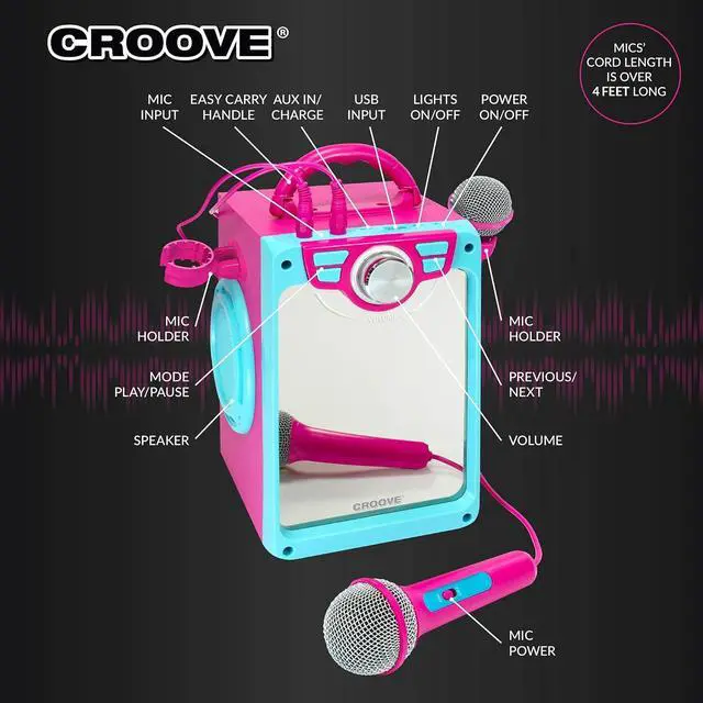 Alt view image 3 of 6 - Kids Karaoke Machine for Girls - Pink Portable Karaoke Speaker System Set with 2 Microphones Gift for Girl - Bluetooth/AUX/USB, Karaoke & Microphone Best Birthday Gifts for Girls Ages 8 9+ Years Old