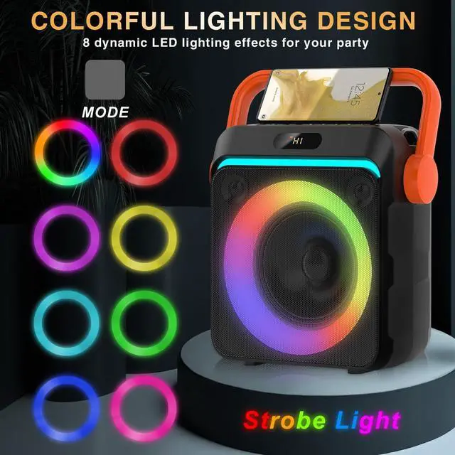 Alt view image 6 of 6 - Machine with 2 Wireless Microphones, Portable Bluetooth Karaoke Speaker for Adults & Kids with Strobe Lights, Karaoke Microphone with PA System Supports TWS/USB/TF/REC/FM/AUX for Home Party