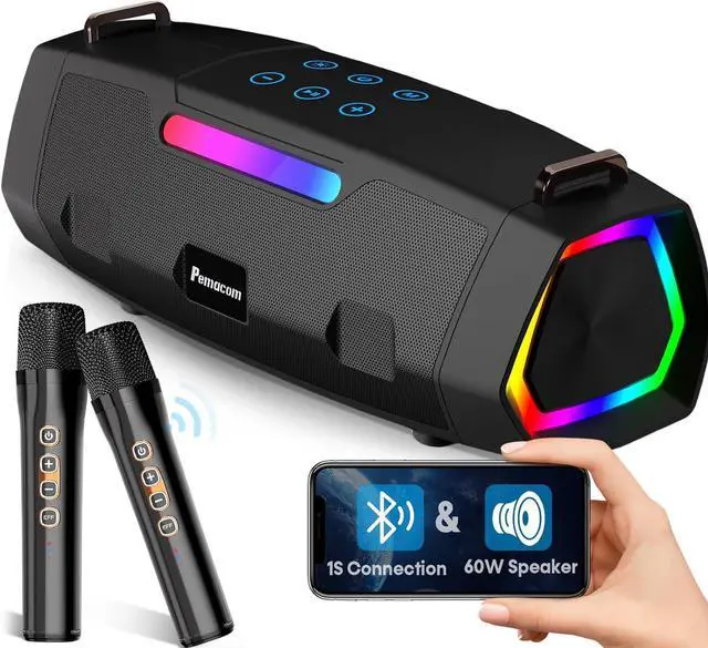 Main image of Portable Bluetooth Karaoke Machine - 60W Powerful Speaker with 2 Wireless Microphones, RGB Lights, Lightweight with Shoulder Strap, Perfect for Adults & Kids, Home & Outdoor Party