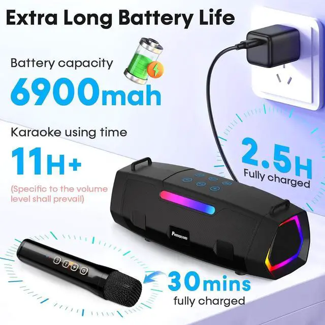 Alt view image 4 of 7 - Portable Bluetooth Karaoke Machine - 60W Powerful Speaker with 2 Wireless Microphones, RGB Lights, Lightweight with Shoulder Strap, Perfect for Adults & Kids, Home & Outdoor Party