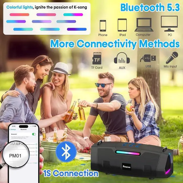 Alt view image 6 of 7 - Portable Bluetooth Karaoke Machine - 60W Powerful Speaker with 2 Wireless Microphones, RGB Lights, Lightweight with Shoulder Strap, Perfect for Adults & Kids, Home & Outdoor Party