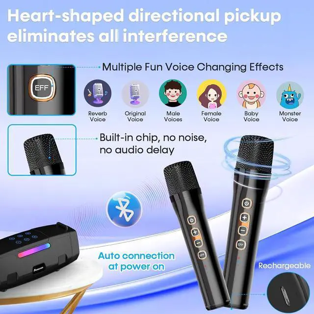 Alt view image 7 of 7 - Portable Bluetooth Karaoke Machine - 60W Powerful Speaker with 2 Wireless Microphones, RGB Lights, Lightweight with Shoulder Strap, Perfect for Adults & Kids, Home & Outdoor Party