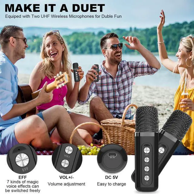 Alt view image 4 of 7 - Machine for Adults and Kids, FULLIFE Portable Bluetooth PA Speaker System with 2 UHF Wireless Microphones, Karaoke Speaker with Echo, Supports TF/USB, AUX in, for Home Party, Meeting
