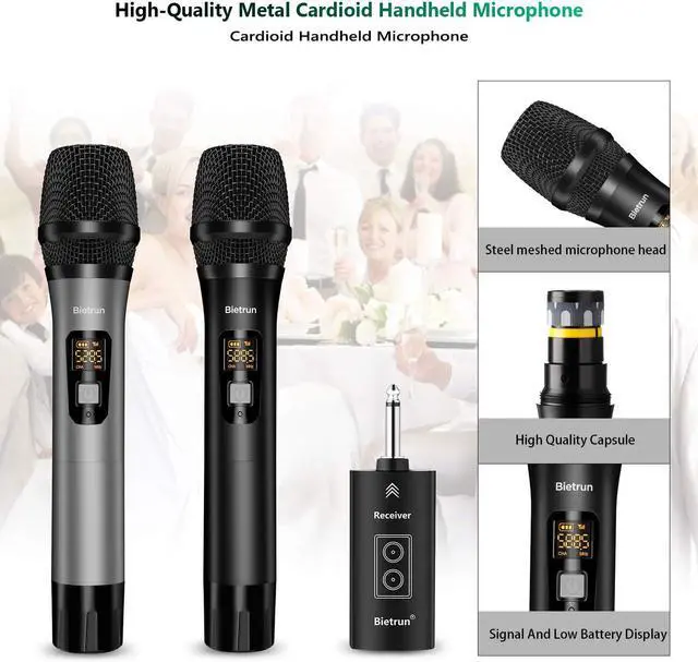 Alt view image 4 of 7 - Wireless Microphone with Bluetooth, Professional UHF Dual Handheld Dynamic Metal Mic System Set with Rechargeable Receiver, 160 ft Range, 1/4''Output, for Karaoke Machine, Singing, Amp, PA Speaker