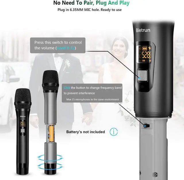 Alt view image 6 of 7 - Wireless Microphone with Bluetooth, Professional UHF Dual Handheld Dynamic Metal Mic System Set with Rechargeable Receiver, 160 ft Range, 1/4''Output, for Karaoke Machine, Singing, Amp, PA Speaker