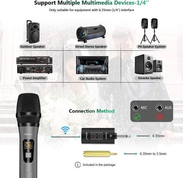 Alt view image 3 of 7 - Wireless Microphone with Bluetooth, Professional UHF Dual Handheld Dynamic Metal Mic System Set with Rechargeable Receiver, 160 ft Range, 1/4''Output, for Karaoke Machine, Singing, Amp, PA Speaker