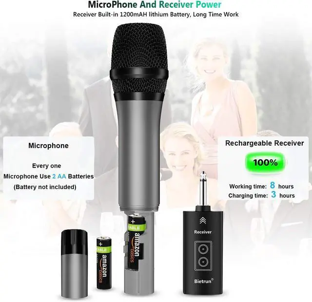 Alt view image 5 of 7 - Wireless Microphone with Bluetooth, Professional UHF Dual Handheld Dynamic Metal Mic System Set with Rechargeable Receiver, 160 ft Range, 1/4''Output, for Karaoke Machine, Singing, Amp, PA Speaker