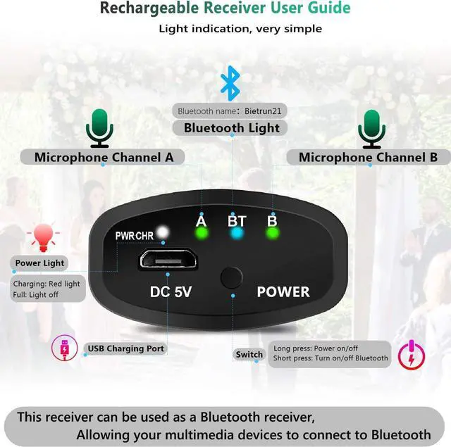 Alt view image 7 of 7 - Wireless Microphone with Bluetooth, Professional UHF Dual Handheld Dynamic Metal Mic System Set with Rechargeable Receiver, 160 ft Range, 1/4''Output, for Karaoke Machine, Singing, Amp, PA Speaker