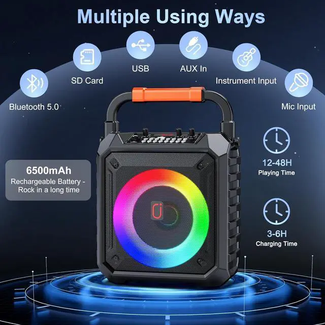 Alt view image 3 of 7 - Machine with Two Wireless Microphones, Portable Speaker with LED Lights for Kids and Adults, Supports Bluetooth/USB/TF/AUX for Party