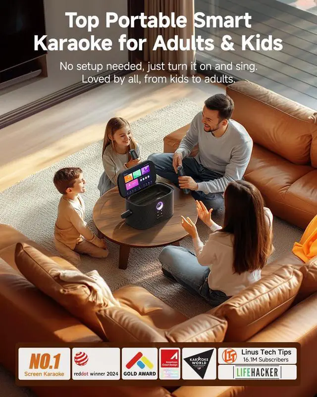 Alt view image 2 of 7 - Portable Karaoke Machine for Adults Kids, Built-in Lyrics Display and Screen, 2 Self-Charging Wireless Mics, Karaoke App, Connect to TV, Bluetooth Speaker PA System for Home Outdoor Party